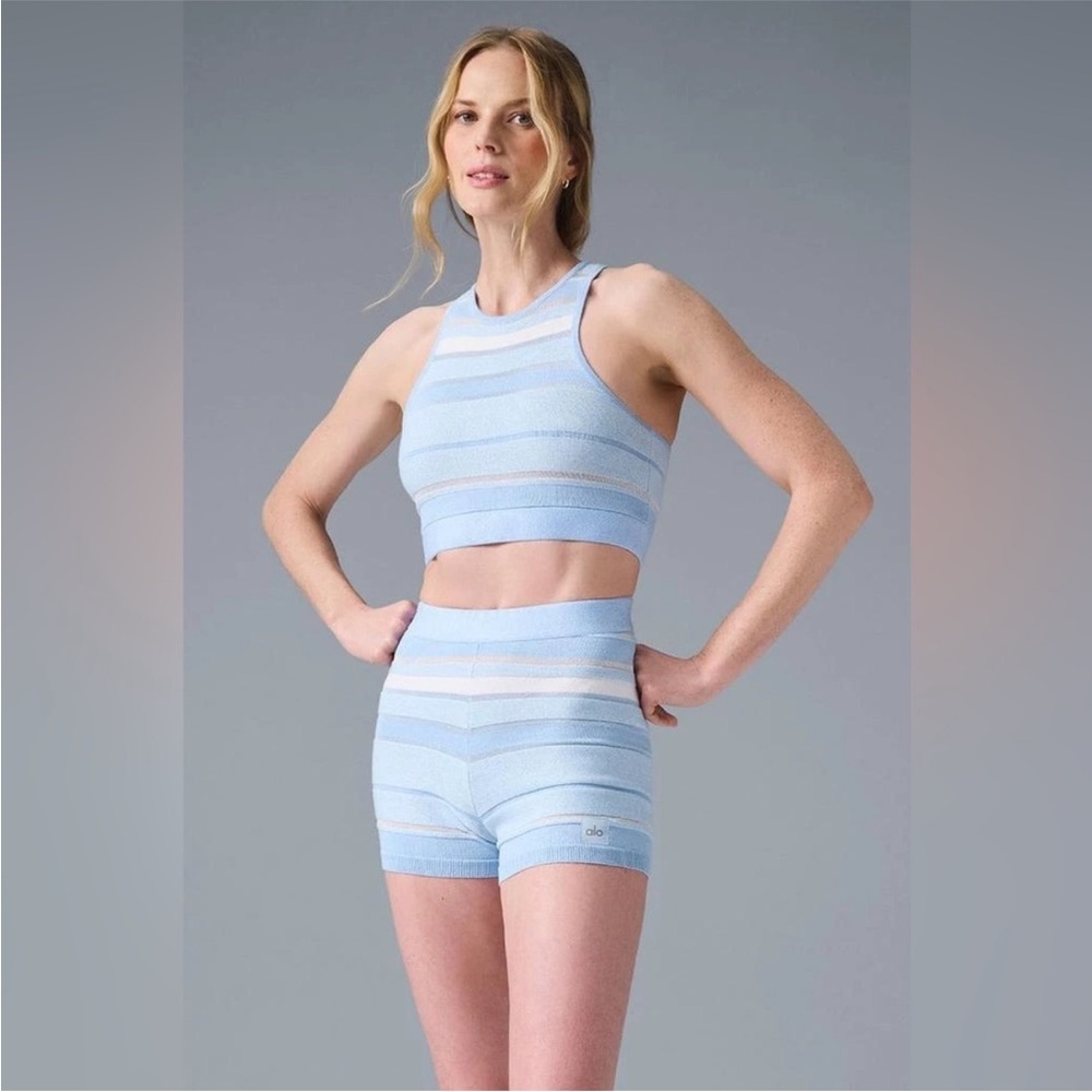 ALO Yoga Light Blue Striped Seamless Crop Tank & High-Waist Shorts Set